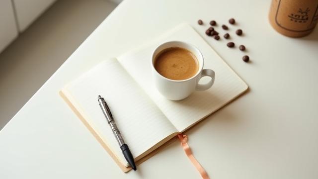 Egy kávéscsésze melletti jegyzetfüzet, mely a kávészünet időzítését szimbolizálja