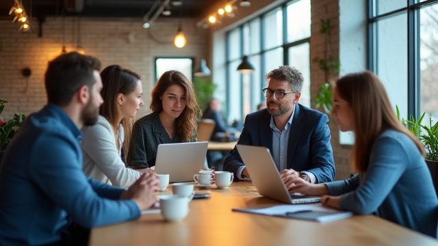 Emberek kávéval beszélgetnek egy modern, közösségi irodában