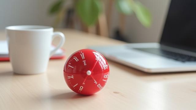 Pomodoro technika időzítője egy asztalon, kávéval és munkagéppel