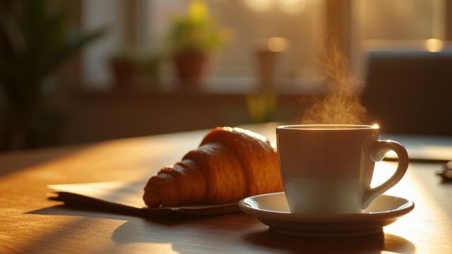 Gőzölgő reggeli kávé egy rendezett íróasztalon, napfelkelte fényében