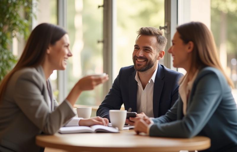 Üzleti partnerek nevetve beszélgetnek egy világos, modern környezetben, kávéscsészékkel az asztalon.