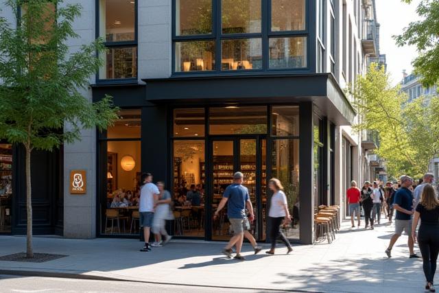 Modern épület utcai frontja bejáratával, nappali fénynél