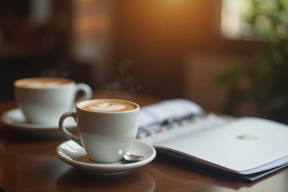 Egy kávéscsésze mellett nyitott üzleti terv mappa és laptop, háttérben homályos kávézó