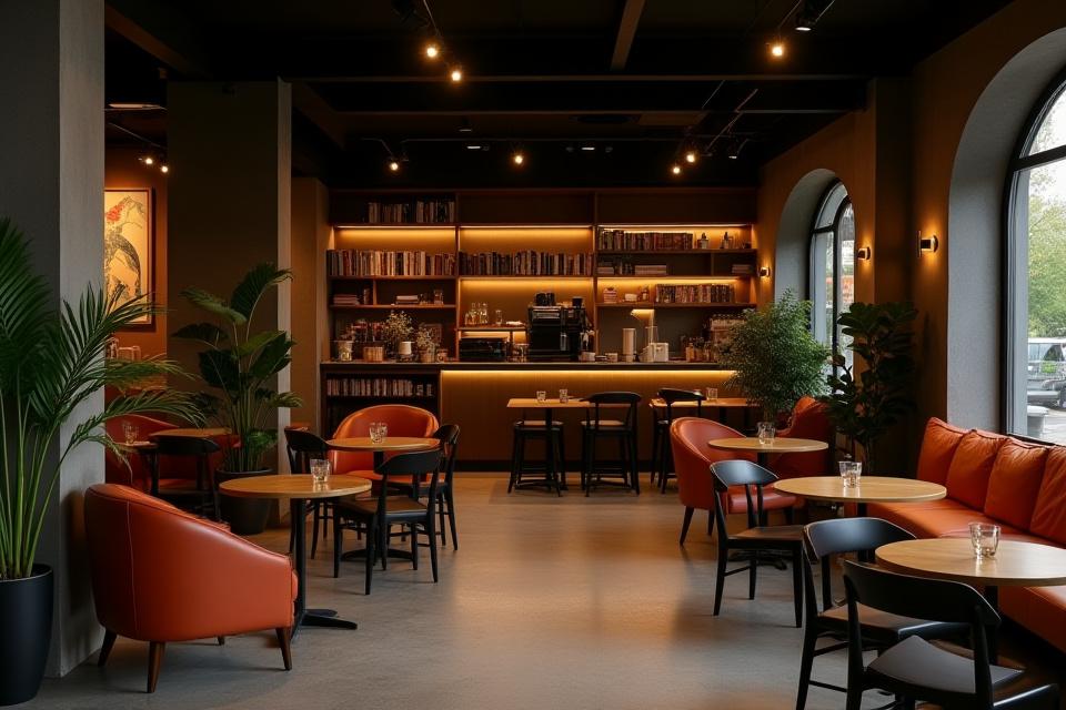 Stílusos kávézó enteriőr, meleg fényekkel és modern bútorokkal