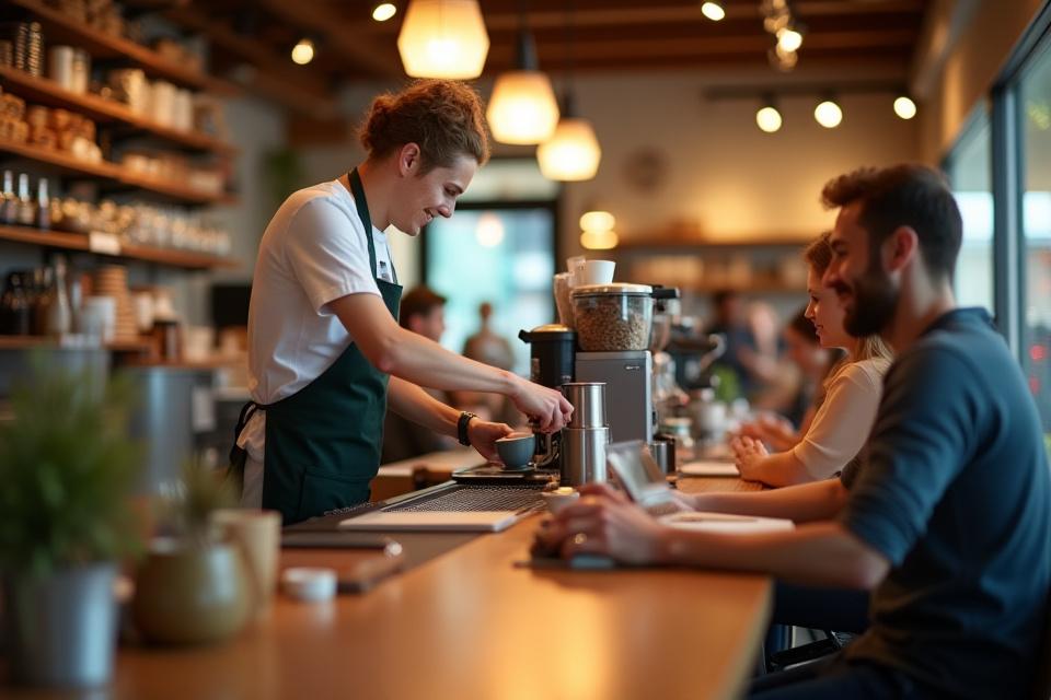 Nyüzsgő kávézó belső tér, baristával a pult mögött és elégedett vendégekkel