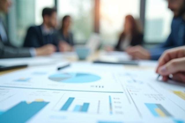 Üzleti dokumentumok, grafikonok és diagramok egy asztalon, háttérben csapat megbeszél